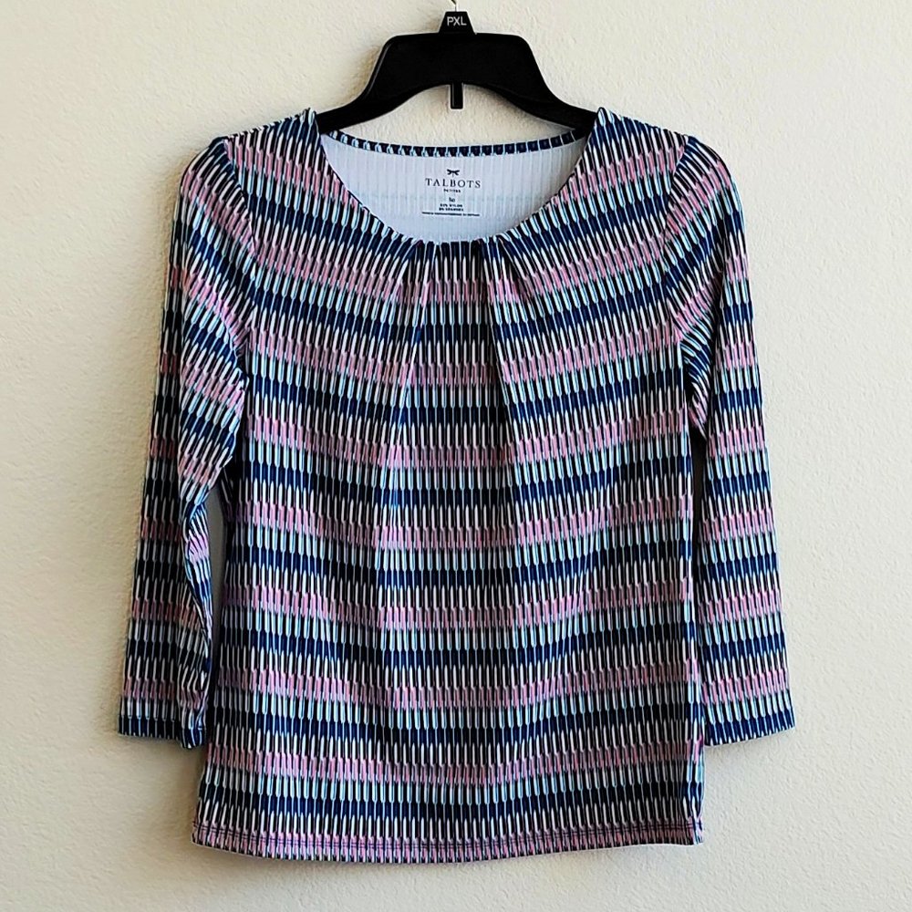Talbots Women Petite S 3/4 Sleeve Geometric Print Top Multicolor Stretch Pleated